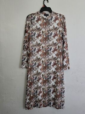 Long Sleeve Printed Midi Dress in White and Brown